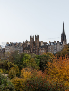 Foto van de stad Edinburg in Schotland met op de voorgrond een bos en op de achtergrond woningen.