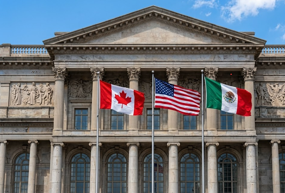 Gebouw in Noord-Amerika met de vlaggen van de Verenigde Staten, Canada en Mexico, als illustratie van verhuizen naar Noord-Amerika.