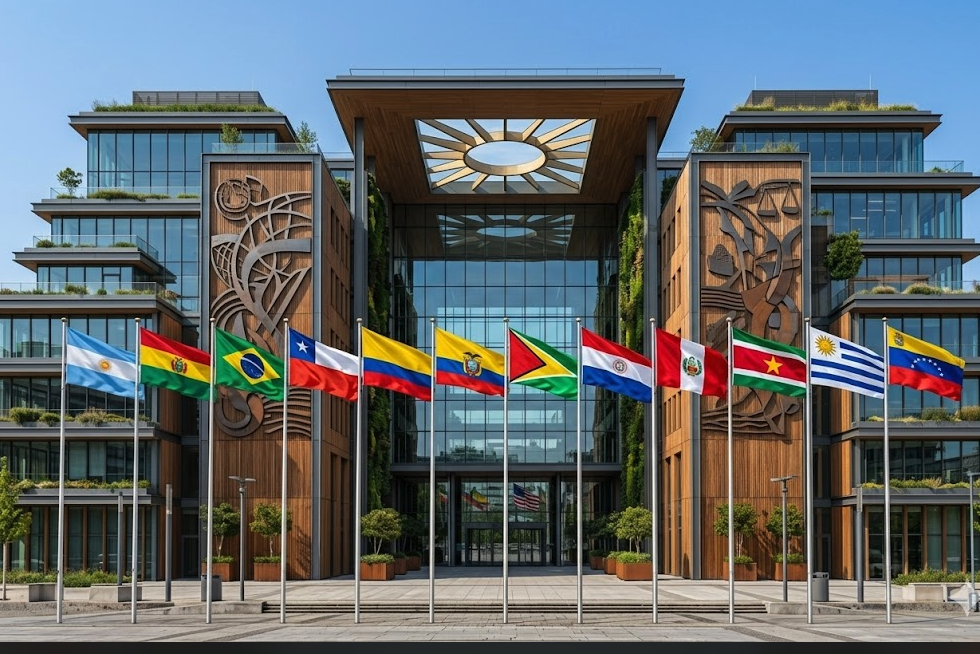 Gebouw met de vlaggen van Zuid-Amerikaanse landen, als illustratie van verhuizen naar Zuid-Amerika.